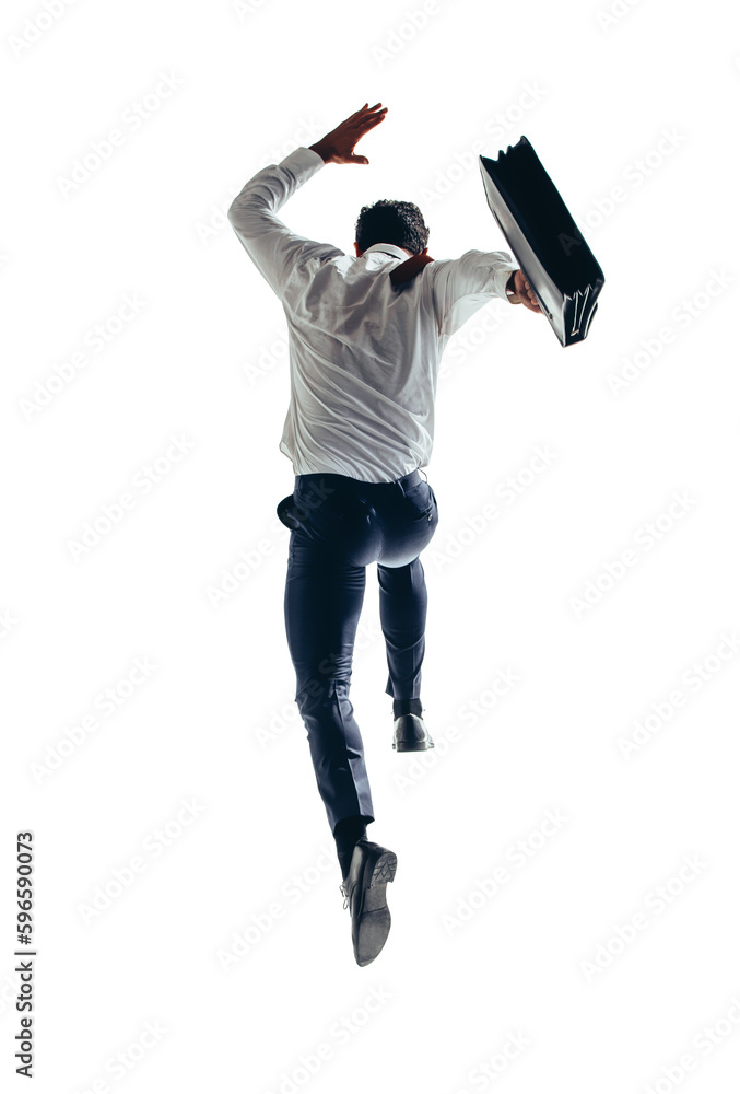 Rearview of an excited businessman running mid air on a transparent background