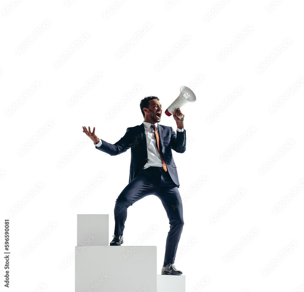 Successful business man celebrating his achievement with a megaphone on a transparent background