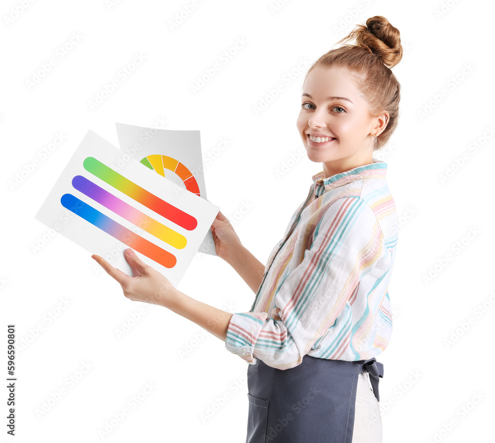 Female artist with paint color palettes on white background