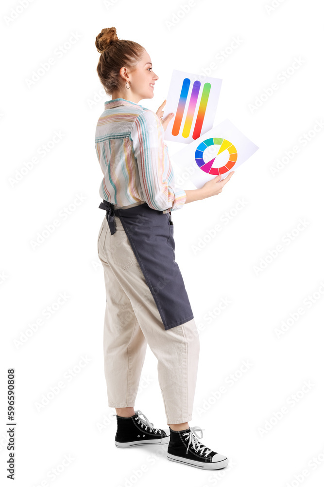 Female artist with paint color palettes on white background