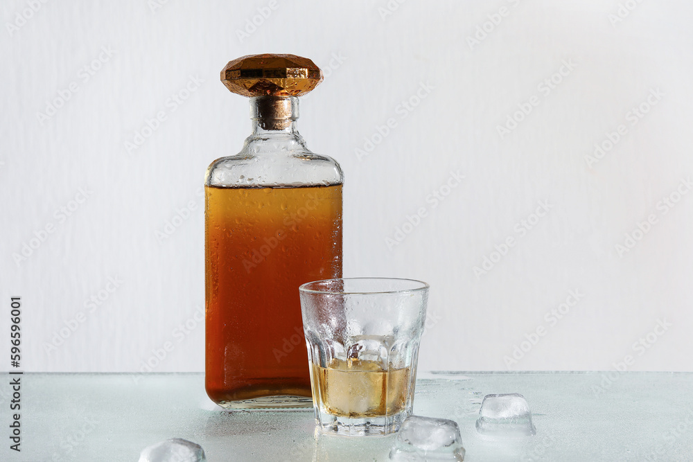 Bottle and glass of rum with ice cubes on grey background