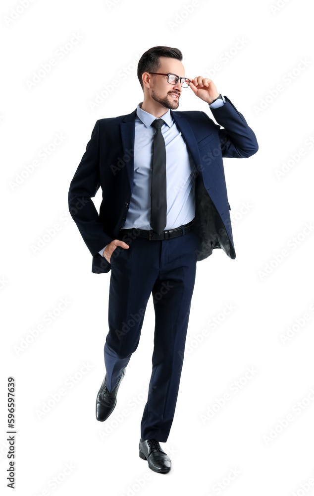 Handsome businessman in eyeglasses on white background