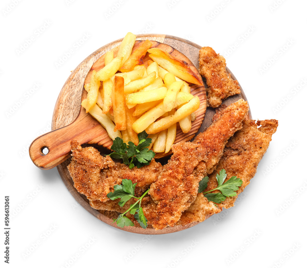 Wooden boards of tasty fried codfish with french fries on white background