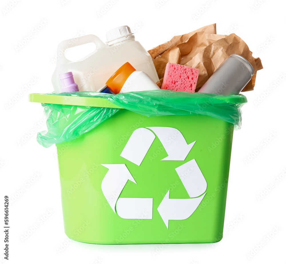 Trash bin with different garbage and recycling symbol isolated on white background