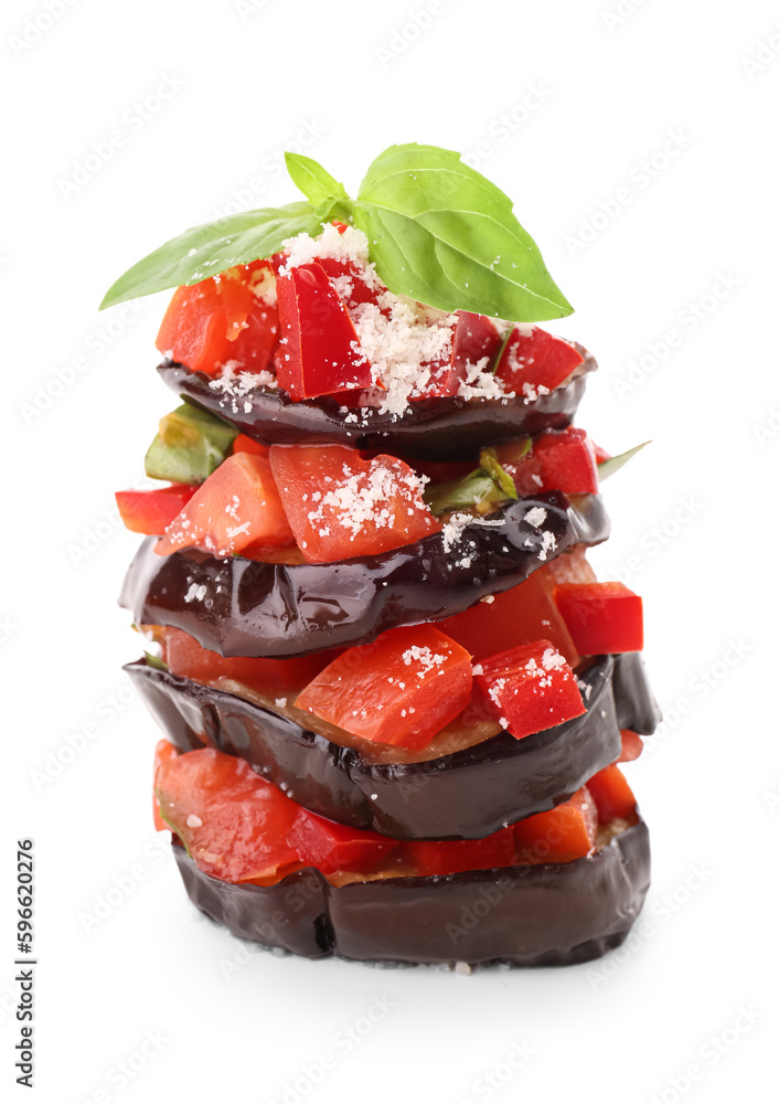 Tasty baked Eggplant Parmesan on white background, closeup