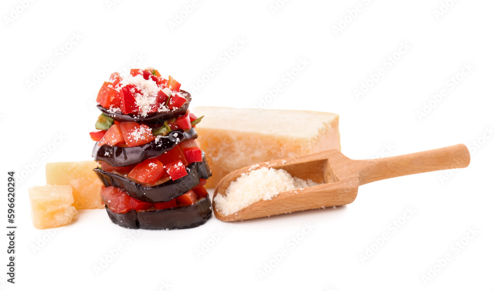 Tasty baked Eggplant Parmesan on white background