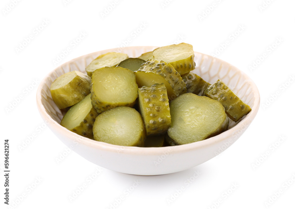 Bowl with tasty fermented cucumbers on white background