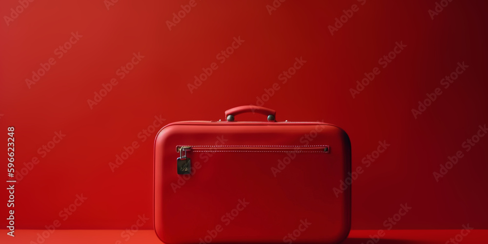 Red travel suitcase, on red background. Trip concept. Generative AI