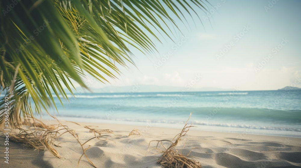 Tropical summer seascape with palm leaves, beach and paradise ocean. Vacation and travel backdrop. G