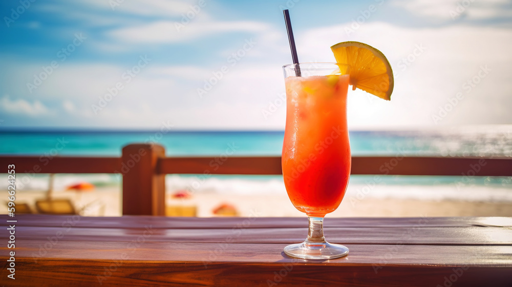 Bahama Mama cocktail on background with blue sea and sky tropical background. Generative AI