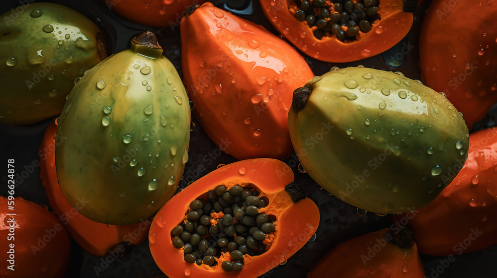 Fresh ripe papayas with water drops background. Fruits backdrop. Generative AI