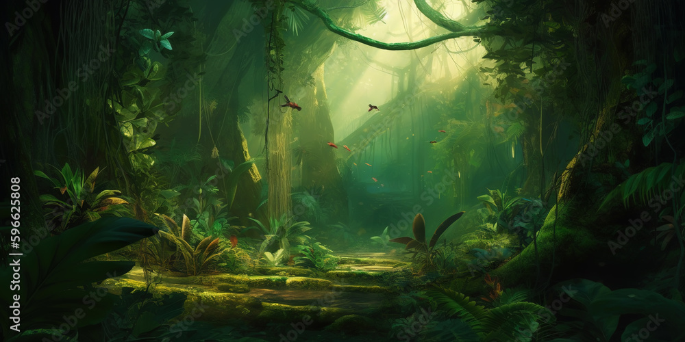 Deep tropical jungles. Dense forest landscape. Generative AI