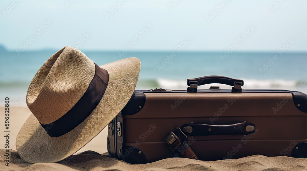 Suitcase with accessories on the sand with a sea background. Travel concept. Generative AI