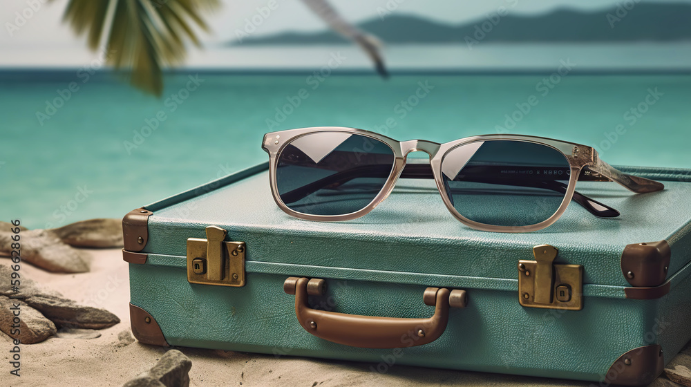 Suitcase with accessories on the sand with a sea background. Travel concept. Generative AI