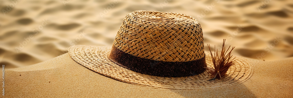 Hat on the sand with a sea background. Travel concept. Generative AI