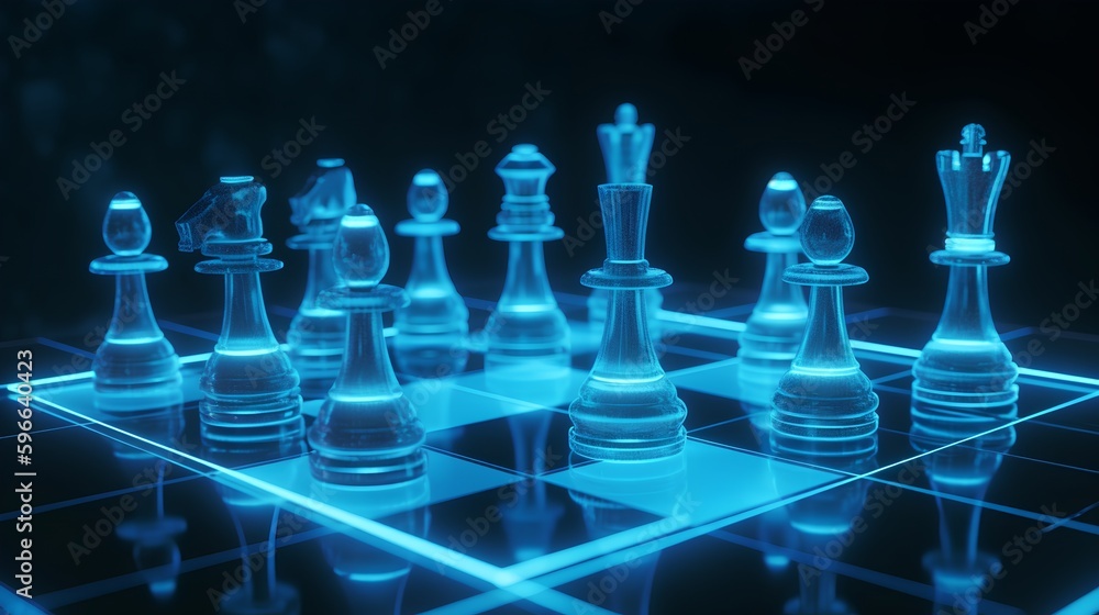 A futuristic AI-driven concept, with holographic chess pieces in a dark scene, representing optimal 