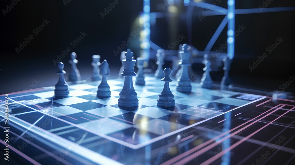 A futuristic AI-driven concept, with holographic chess pieces in a dark scene, representing optimal 