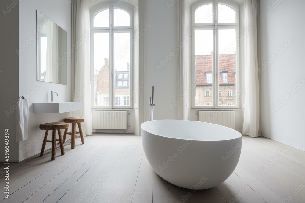 minimalist white bathroom with a freestanding bathtub and natural light from two windows. Generative