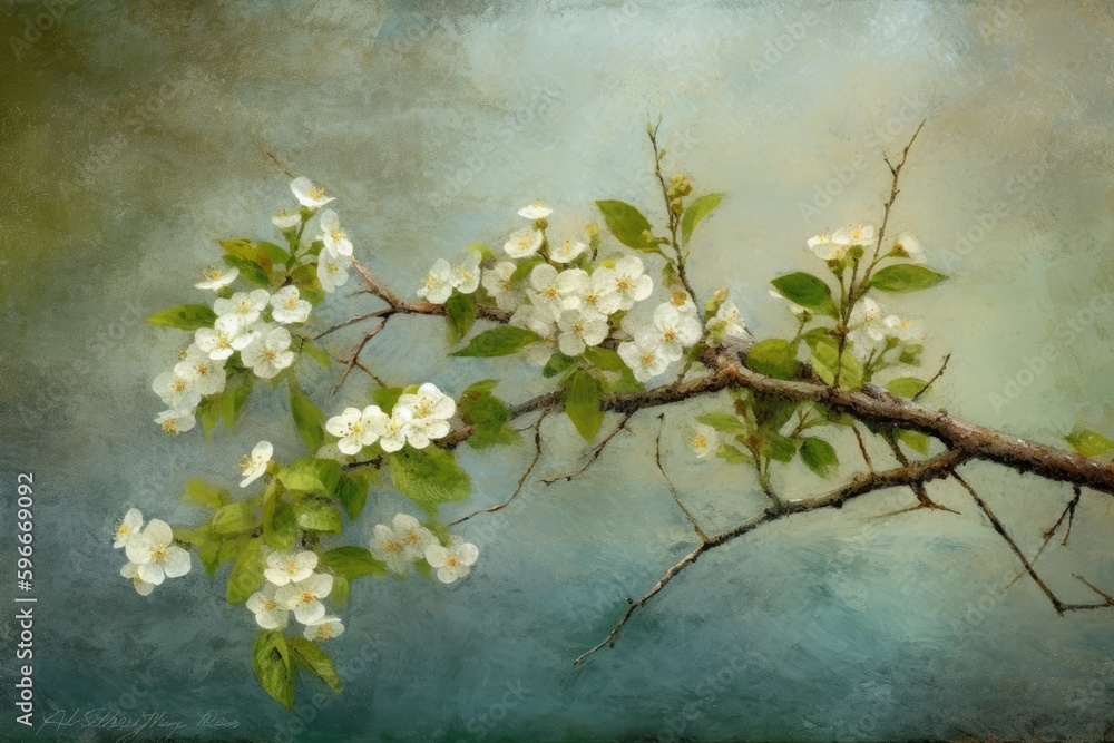 branch with delicate white flowers painted in watercolor. Generative AI