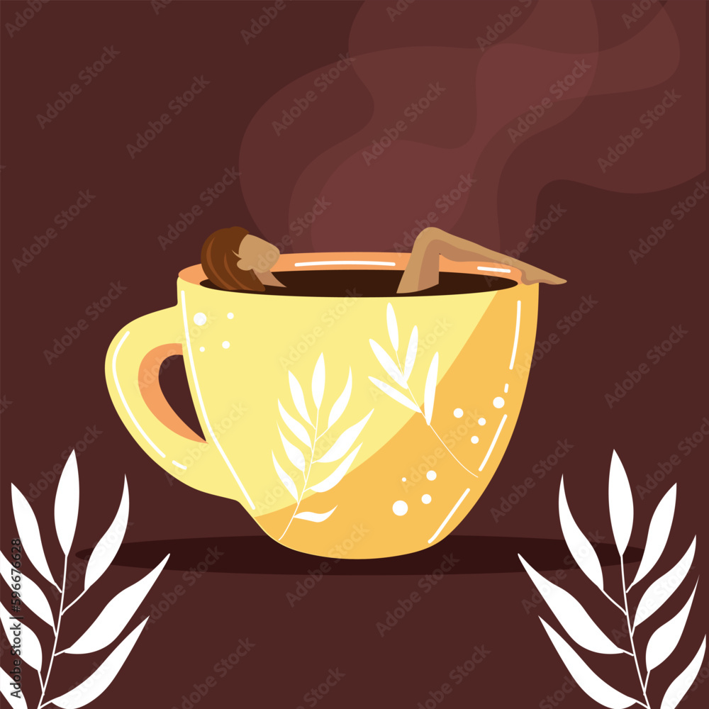 Woman relaxing in big cup of coffee on brown background