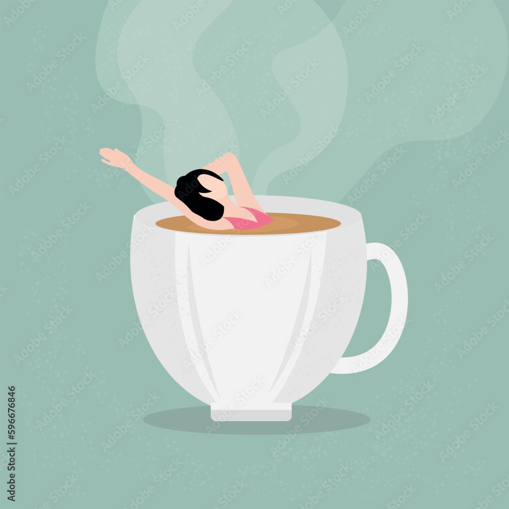 Woman relaxing in big cup of coffee on color background