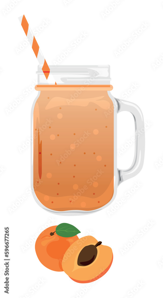 Mason jar of fresh apricot smoothie on white background