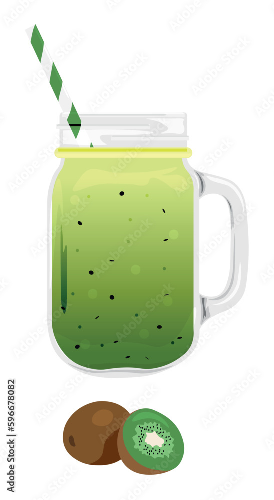 Mason jar of fresh kiwi smoothie on white background