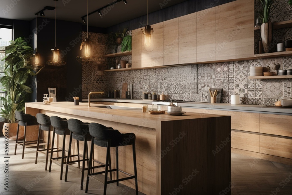 Bright kitchen with bar area and seating, featuring a mockup wall. Generative AI