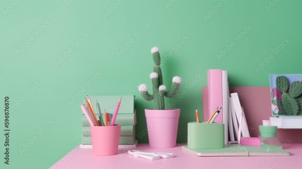 Kids desk creative workspace with school supplies, cactus Illustration AI Generative