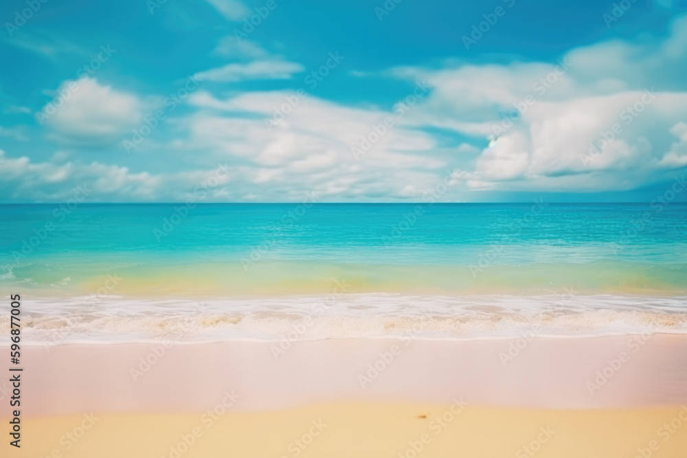 Abstract blur defocused background. Tropical summer beach with golden sand, turquoise ocean and blue