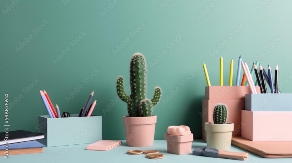 Kids desk creative workspace with school supplies, cactus Illustration AI Generative