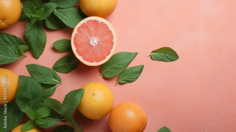 Fresh grapefruits and mints overhead view - flat lay Illustration AI Generative.