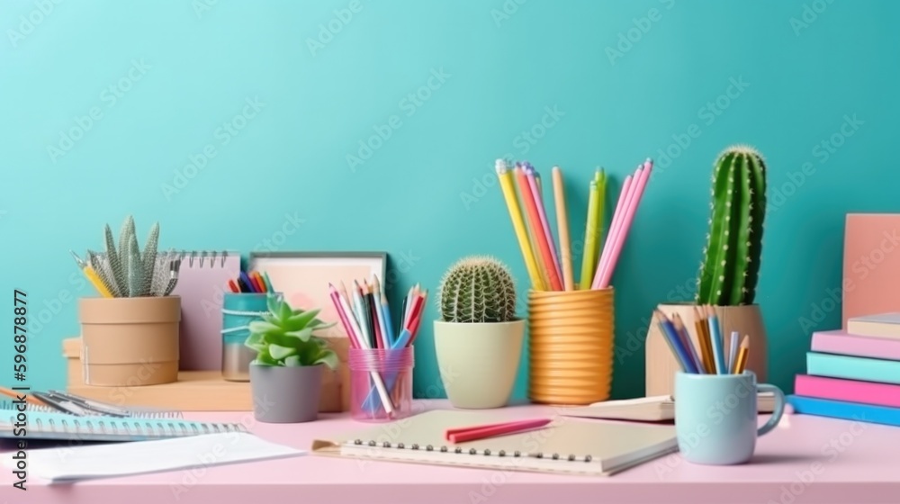 Kids desk creative workspace with school supplies, cactus Illustration AI Generative