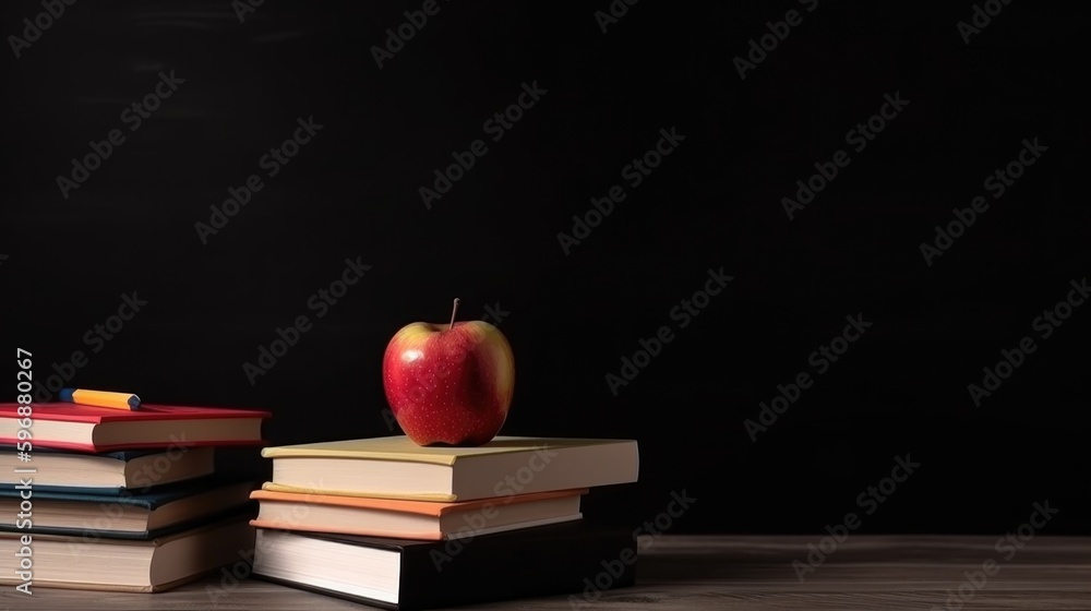 Back to school background with books and apple. Illustration AI Generative