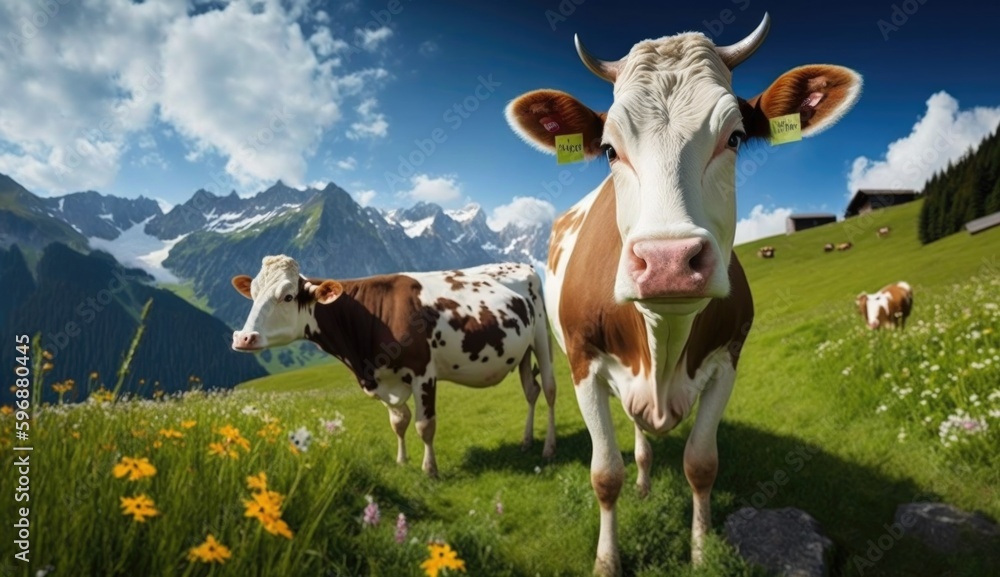 Cows in Alps. Illustration AI Generative.