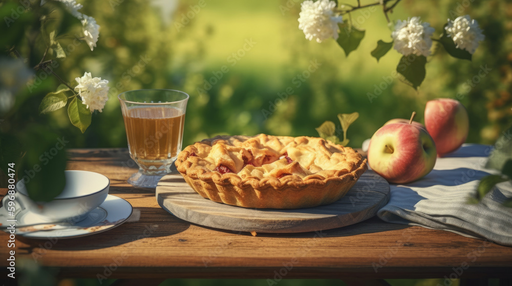 Apple pie in apple garden. Illustration AI Generative.