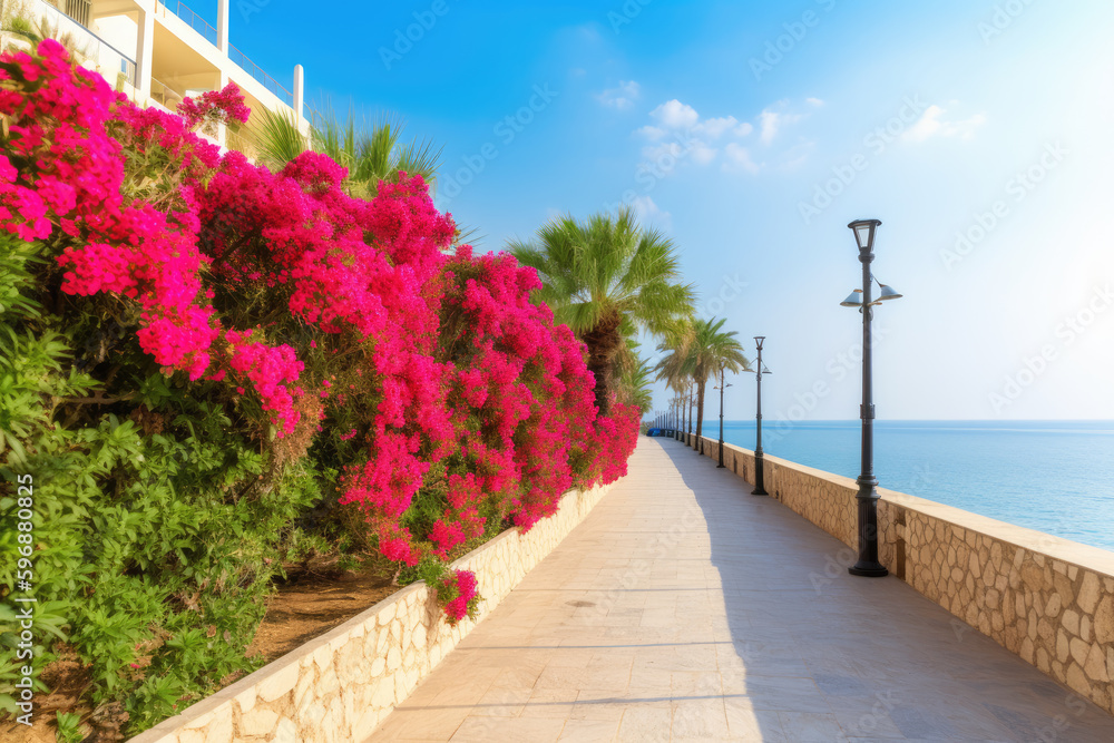 Beautiful resort promenade with blooming colorful Oleanders against the backdrop of Mediterranean Se