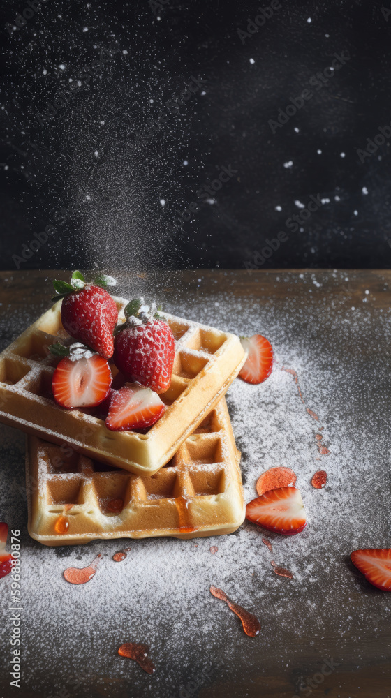 Waffles with strawberries. Illustration AI Generative.