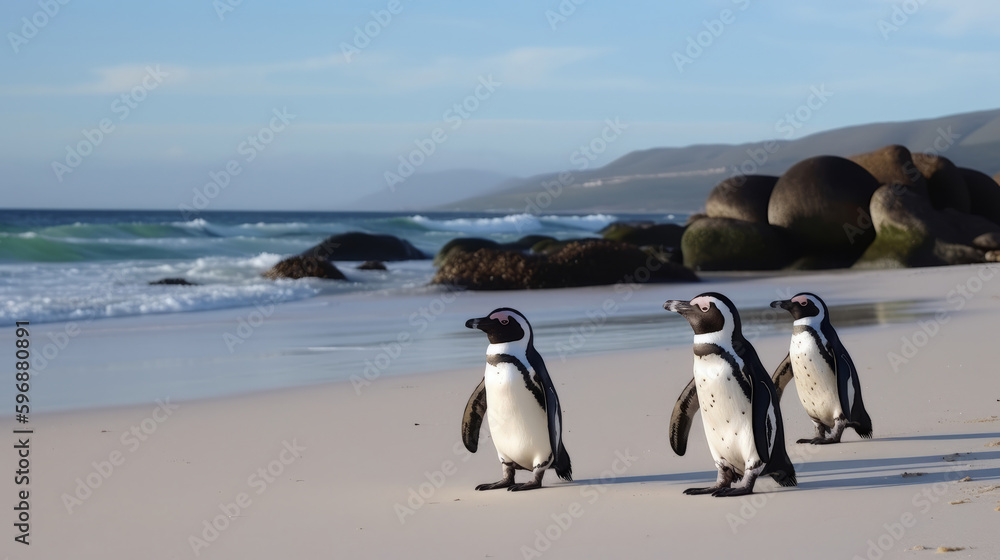 African penguins on a beach. Illustration AI Generative.