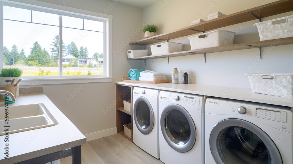 Laundry room interior with washing machine near wall. Generative AI