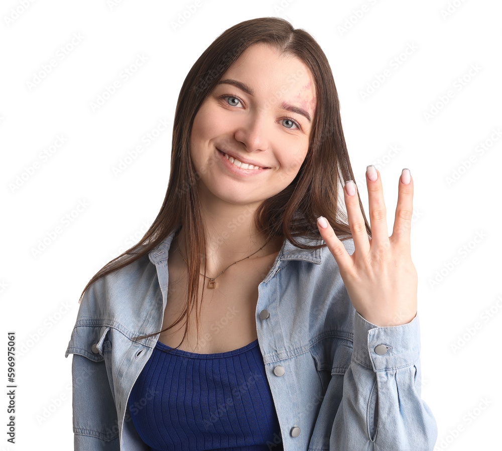 Young woman in shirt showing four fingers on white background