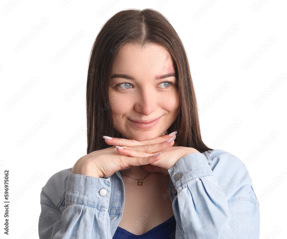 Smiling young woman in shirt on white background, closeup