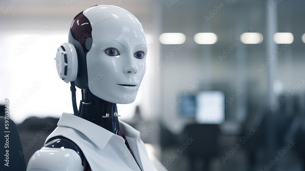 Futuristic humanoid robot AI assistant with headphones, expertly performing customer service tasks, 