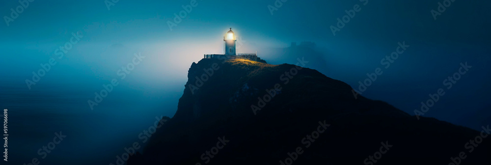 Lighthouse on a cliff edge in stormy and misty weather. Night landscape. Generative AI