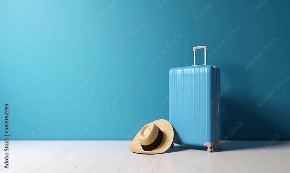 Blue travel suitcase with wheels, straw hat, on uniform blue background. Trip concept. Generative AI