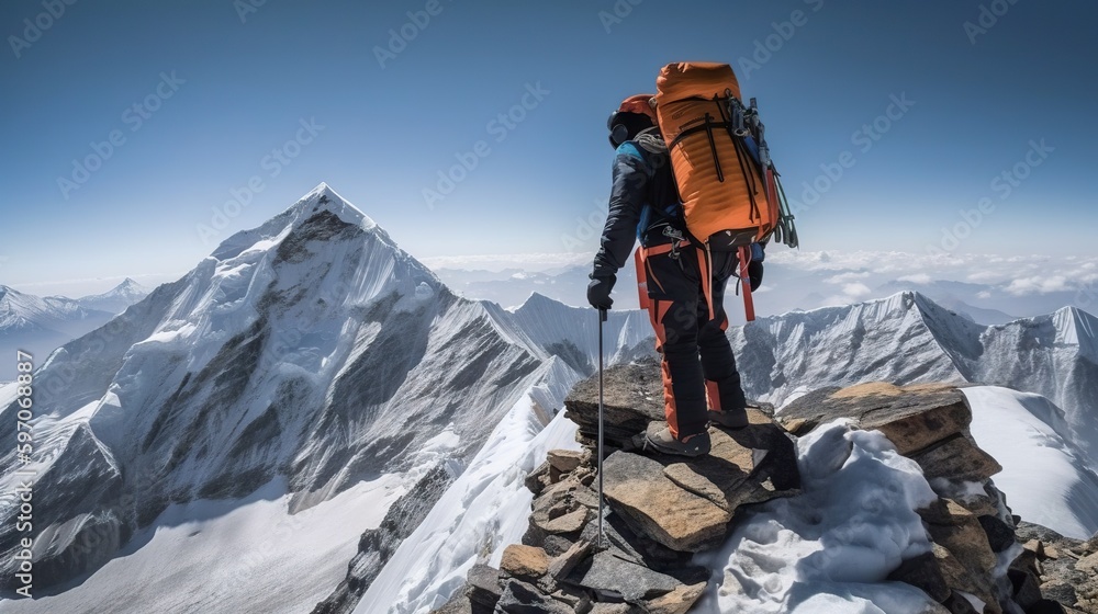 Explorer stand in front of high mountain peak winter snowy landscape. Generative AI