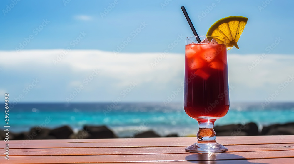 Lava flow cocktail on background with blue sea and sky tropical background. Generative AI