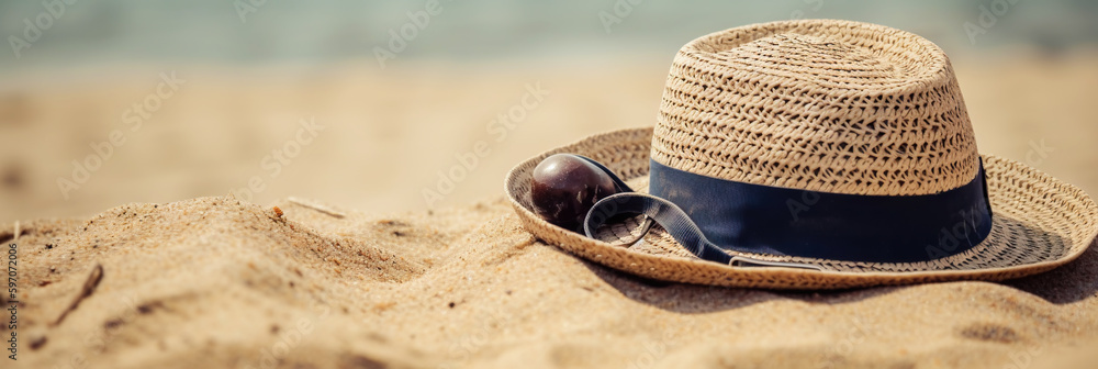 Hat on the sand with a sea background. Travel concept. Generative AI