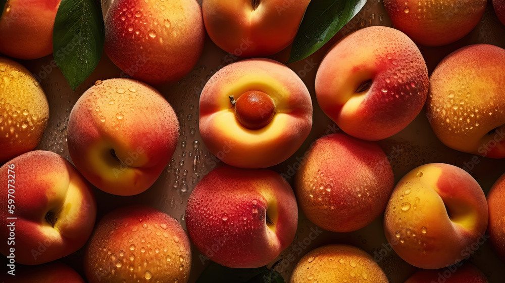 Fresh ripe peaches with water drops background. Fruits backdrop. Generative AI