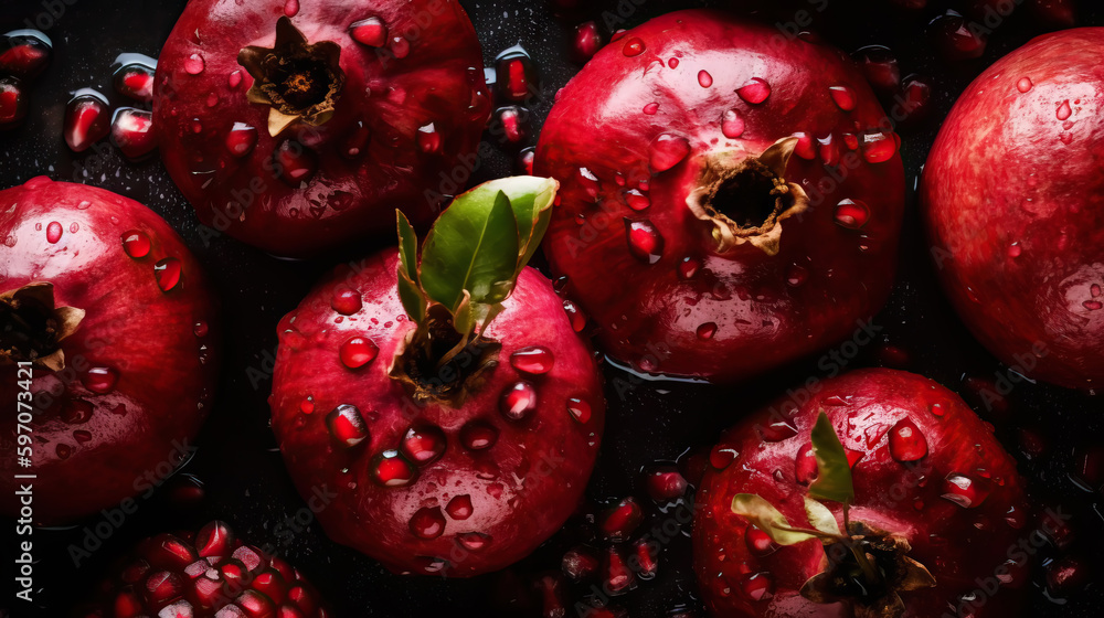 Fresh ripe pomegranades with water drops background. Fruits backdrop. Generative AI